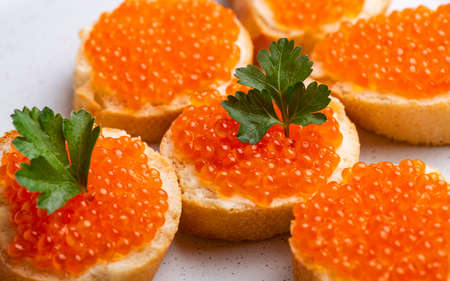 Salmon red caviar sandwich close-upの写真素材