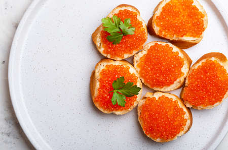 Sandwiches with red caviar top view copy spaceの写真素材