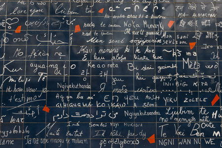 PARIS - MARCH 22, 2022: Wall of Love in Paris with I love you written in many languagesのeditorial素材