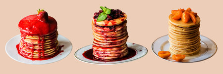 Different homemade tradition American pancakes with fruits syrup on isolated background
