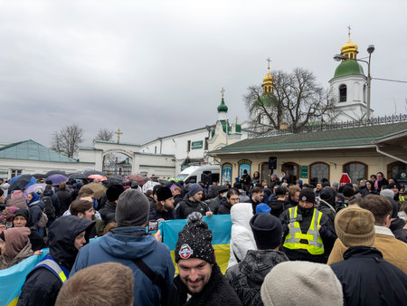 KYIV, UKRAINE - MARCH 31, 2023: Believers of the Moscow Patriarchate protest against the demand of the Ukrainian authorities that pro-Moscow priests leave the territory of the Kiev-Pechersk Lavraのeditorial素材
