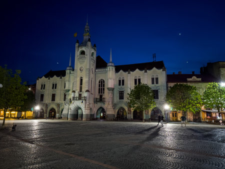 Ukraine, Mukachevo - May, 2023: Exterior view of Ratusha City Hall building at the nightのeditorial素材