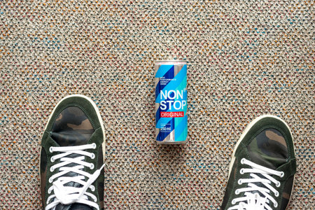 KYIV, UKRAINE - JULY 26, 2023: Can Non Stop energy drink. Energy drink number one in Ukraine.のeditorial素材