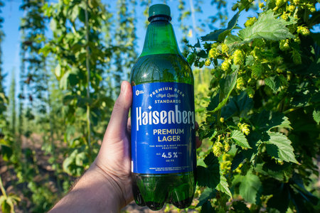 KYIV, UKRAINE - August 03, 2023: Heisenberg - new craft beer in Ukraine against the backdrop of a...