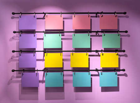 Rows of pastel paper canvases create harmony perfect for product mockups and color researchの写真素材