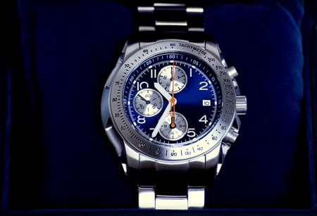 Chronograph watches in blue boxの写真素材