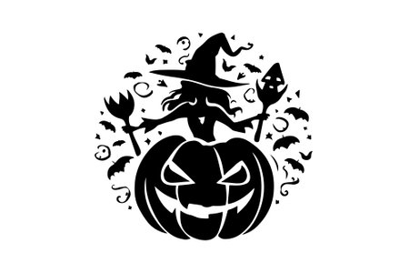 Halloween pumpkin with witch and broom on white background. Vector illustration.のイラスト素材