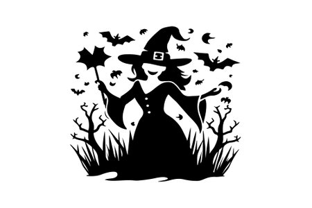 Halloween witch silhouette. Vector illustration in black and white colors.のイラスト素材