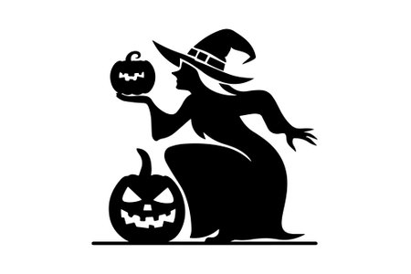Silhouette of witch with pumpkin. Halloween icon. Vector illustrationのイラスト素材