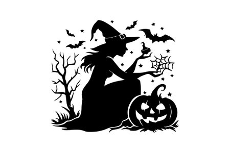 Silhouette of a witch with a broom and a pumpkin on a white backgroundのイラスト素材
