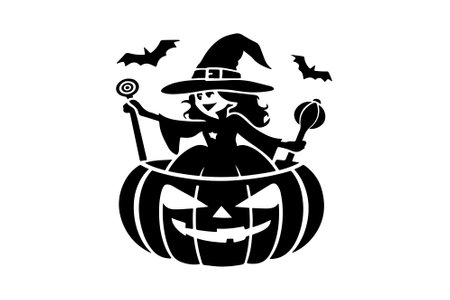 Halloween vector illustration. Cute witch with broom and pumpkin.のイラスト素材