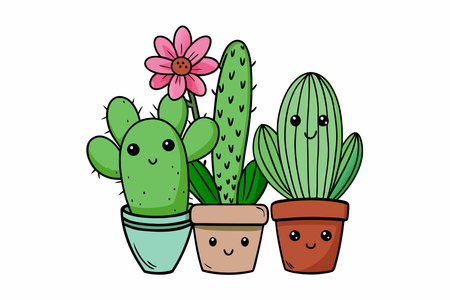 Cute cacti in pots with flowers. Vector illustration.のイラスト素材