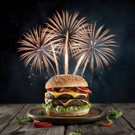 Hamburger with fireworks on dark background. Toned imageの写真素材