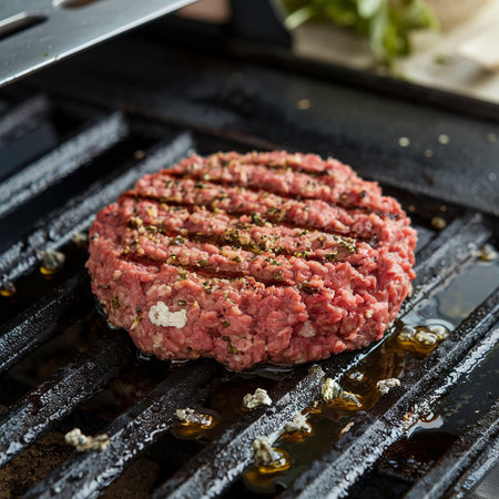 Beef burger cutlets with herbs and spices on black grill panの写真素材
