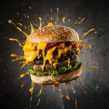 Burger with melted cheese on black background.の写真素材