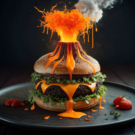 Hamburger with orange sauce on black plateの写真素材
