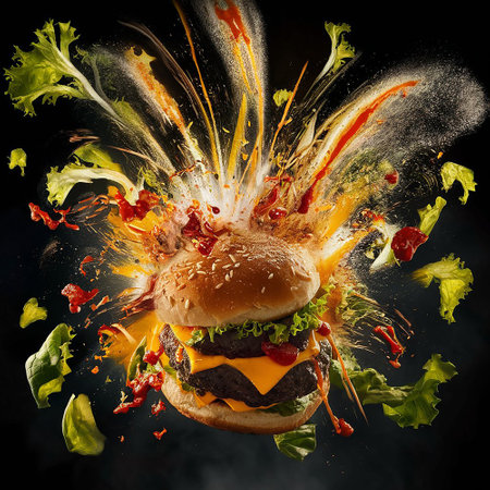 Burger with flying ingredients on black background. Fast food concept.の写真素材