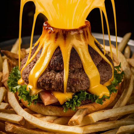 Cheese burger - American cheese burger with Golden French fries on wooden backgroundの写真素材