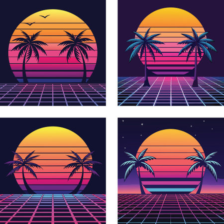 Set of vector backgrounds with palm trees and sunset in retro style.のイラスト素材