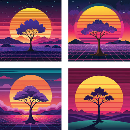 Vector illustration of four backgrounds with trees and sun in the background.のイラスト素材