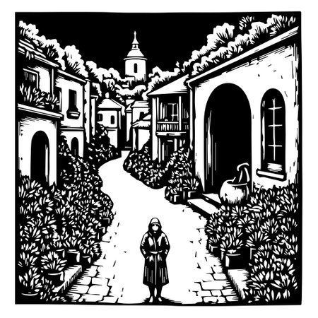 Illustration of a woman walking through the streets of the old cityのイラスト素材
