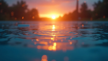 Raindrops on the surface of the water in the pool at sunset
