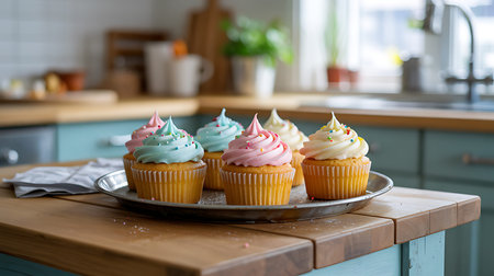 Cupcakes with colorful buttercream frosting on wooden table in kitchenの写真素材