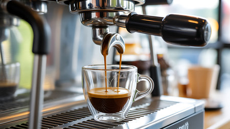 Espresso pouring from coffee machine into glass cup, closeupの写真素材