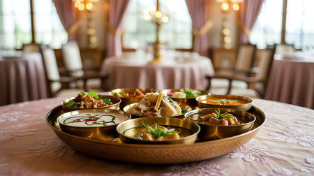 Traditional indian food in brass plates on a table in a restaurantの写真素材