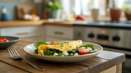 Omelet with spinach and cherry tomatoes on wooden table in kitchenの写真素材