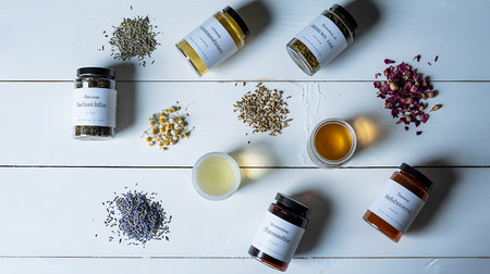 Herbal medicine in bottles on white wooden table. Top view.の写真素材