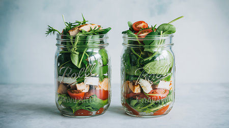 Healthy vegetarian salad with tomatoes, mozzarella cheese and arugula in glass jars on a light backgroundの写真素材