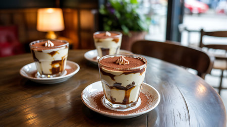 Dessert tiramisu in a glass cup on a wooden tableの写真素材