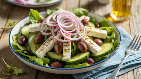 Greek salad with feta cheese, cucumber, red onion and olivesの写真素材