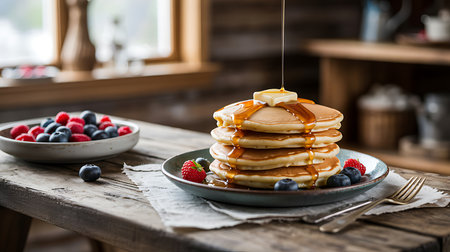 Stack of homemade pancakes with fresh berries and maple syrup on wooden backgroundの写真素材