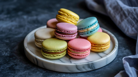 Colorful macaroons on a marble plate. Selective focus.の写真素材