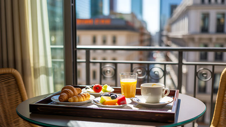 Breakfast with coffee, orange juice and croissants on the tableの写真素材
