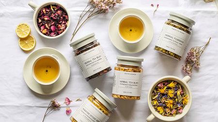 Aromatic herbal tea in glass jars with dried flowers, lemon and herbs on a white backgroundの写真素材