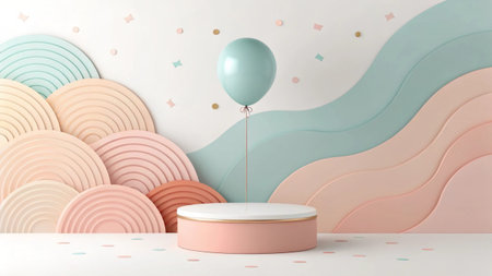 3d render of minimal display podium with pastel color geometric shapes and balloon.