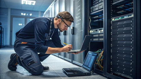 Serious young technician working on laptop in datacenter server room