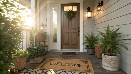 Doormat with welcome welcome text in front of the house. 3d rendering