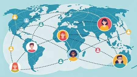 Social network concept. World map with people icons. Vector illustration.