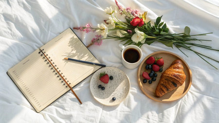 Breakfast on the bed with a cup of coffee, croissant, fresh berries and a bouquet of flowers