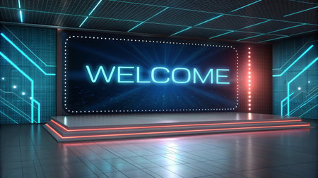 3D rendering of a futuristic interior with glowing lights and a welcome signの写真素材