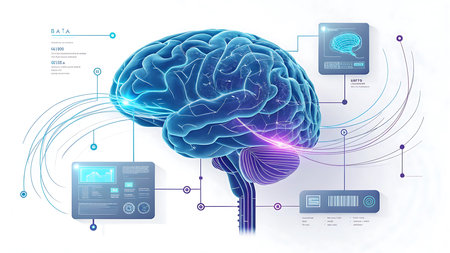 Vector illustration of artificial intelligence concept. 3d human brain with infographics elements