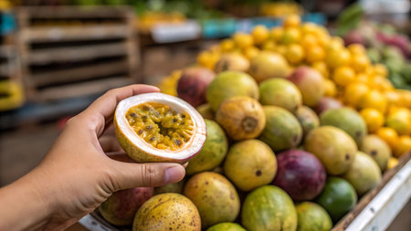 Passion fruit in the market. Selective focus. nature.の写真素材