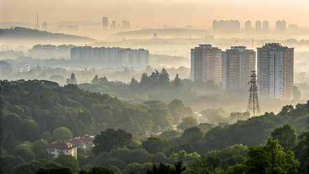 Morning fog over the city with a lot of trees on the foregroundの写真素材