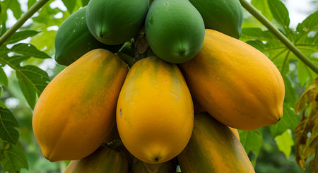 Papaya fruits on the tree in the farm, Thailand.の写真素材