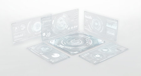 Digital composite of 3D glass panels against white background with vignette