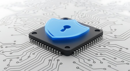 Cyber security concept. Shield with keyhole on circuit board backgroundの写真素材